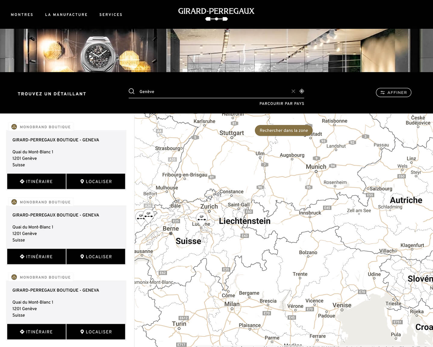 Girard Perregaux, website, store locator, gtrsuite, screen